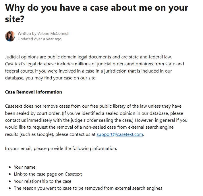 Casetext help article on removing a case
