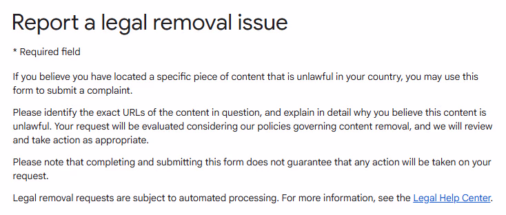Google report a legal removal issue