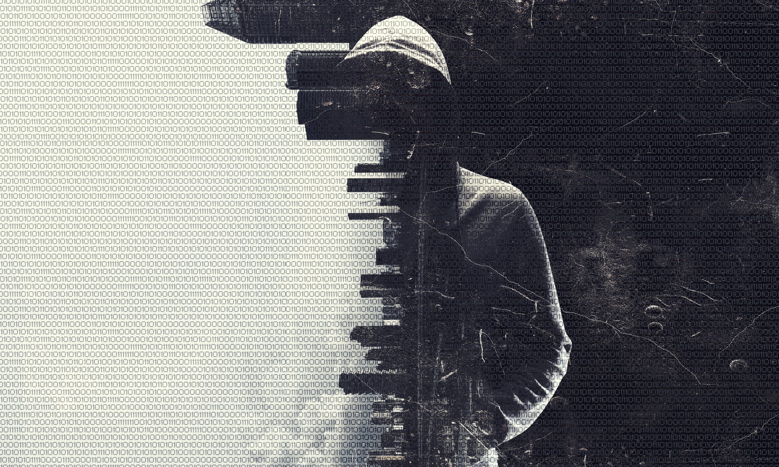 Double exposure of hacker wearing hoodie and modern city portraying Double exposure of hacker wearing hoodie and modern city portraying the theme of how to remove negative content from the internet